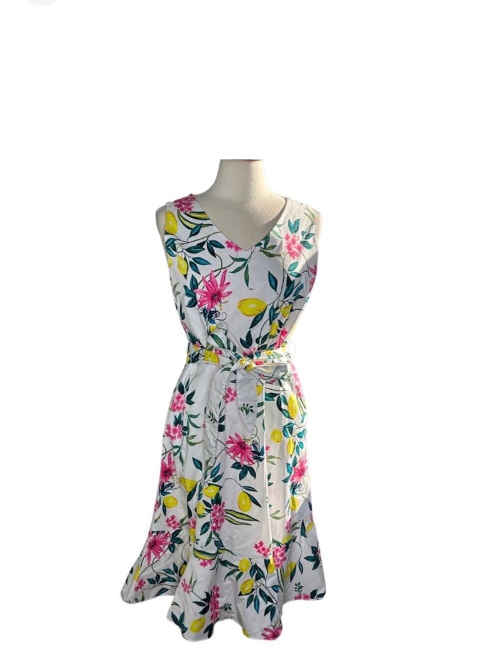 Talbots White Floral Lemon Print Belted Midi Dress - Picture 2 of 6